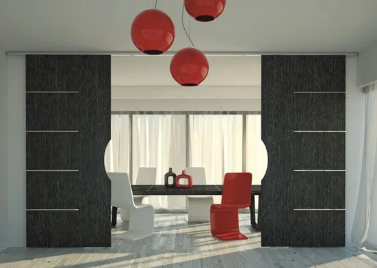 Комплект для двустворчатой синхронной двери, обычный стопор, настенное крепление на уголки и декоративным профилем SLIDING SYNCRO